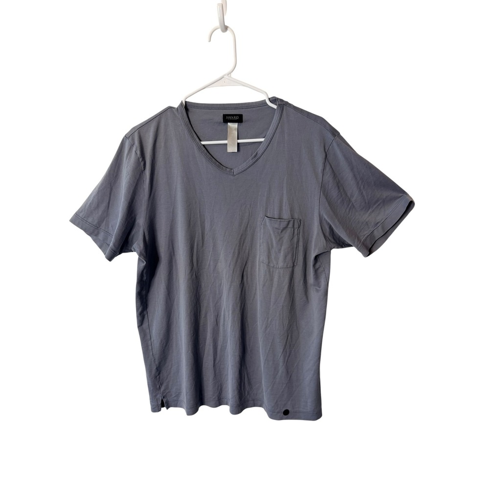 HANRO Sustainable Designer Mens Blue Solid Pocket V-Neck Tee MEDIUM Excellent